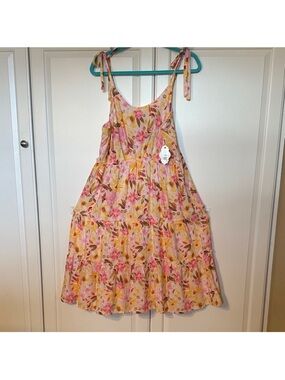 AUW NWT 1X Dress Floral Pink & Yellow Tie-Shoulder Tiered